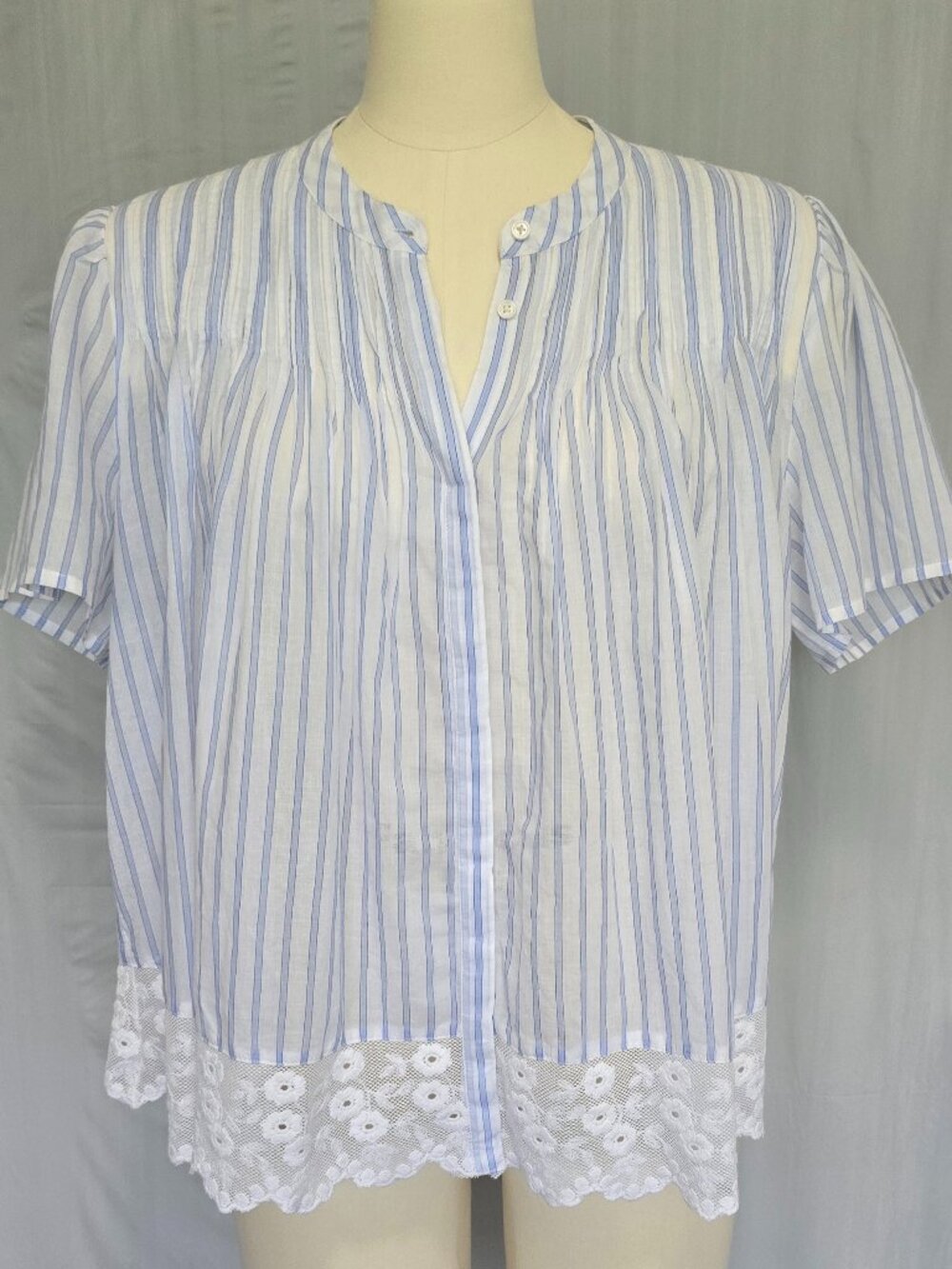 J.Crew NWT Lace-Trim Short-Sleeve Button-Up Top Cotton Voile Striped Size L CV05